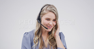 Buy stock photo Call center, smile and woman in studio for telemarketing, thinking or feedback. Sales consultant, headset and contact us for outbound solution, lead generation or listening on white background space