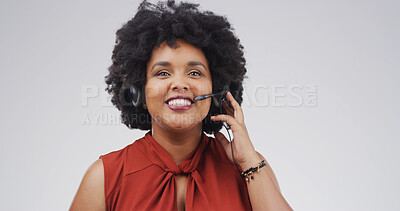 Buy stock photo Portrait, call centre and black woman in studio, smile or online consultation on white background. African person, employee or customer support with help desk, talking or advice with friendly service