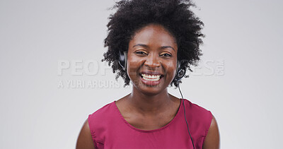 Buy stock photo Call center, black woman or happy with headset in studio for customer help, lead generation or CRM. Mockup, telemarketing and agent on white background for outbound assistance, contact us and sales