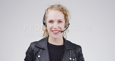 Buy stock photo Call center, hotline and portrait of woman in studio for customer support, contact us and crm. Virtual advisor, consultant and headset with person on white background space for help desk agent