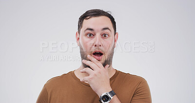 Buy stock photo Shocked, man and reaction to gossip, portrait or amazed by announcement, rumor and white background. Surprised, person and mouth open for unexpected news, studio or revelation of drama, listen or wow