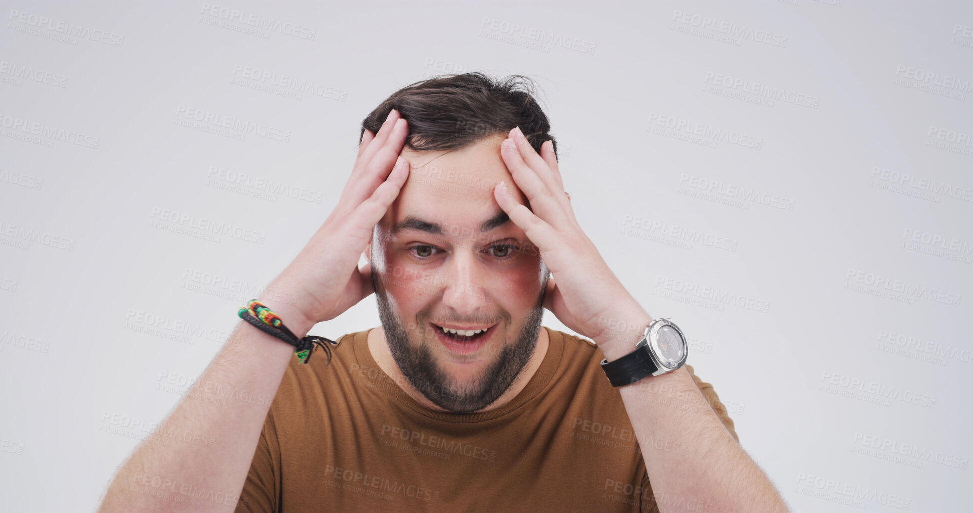 Buy stock photo Shocked, man and reaction to gossip, studio and amazed by announcement, listen and white background. Surprised, person and mouth open for unexpected news, what or revelation of drama, rumor or wow