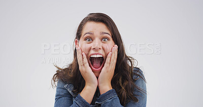 Buy stock photo Shocked, happy and portrait of woman in studio with winning, target or goal with good news. Excited, announcement and female person with surprise, omg or wow face expression by white background.