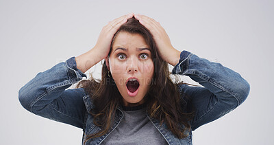 Buy stock photo Surprise, portrait and shocked woman in studio with face expression, bad news or negative announcement. Omg, mistake and mouth open for gossip, drama and review or fail on a white background
