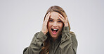 Portrait, woman and surprised expression in studio for announcement, good news and hearing secret. Person, space and shocked with gossip drama, giveaway winner and unexpected deal on white background