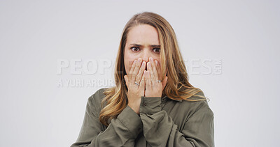 Buy stock photo Shocked, confused and portrait of woman in studio with gossip, news or wtf face for reaction. Mockup space, announcement and female person with surprise, omg or wow expression by white background.