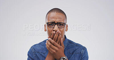 Buy stock photo Portrait, black man and shocked expression in studio for fake news, bad rumor and gossip drama. Male person, space and reaction for horror story, danger risk and revelation secret on white background