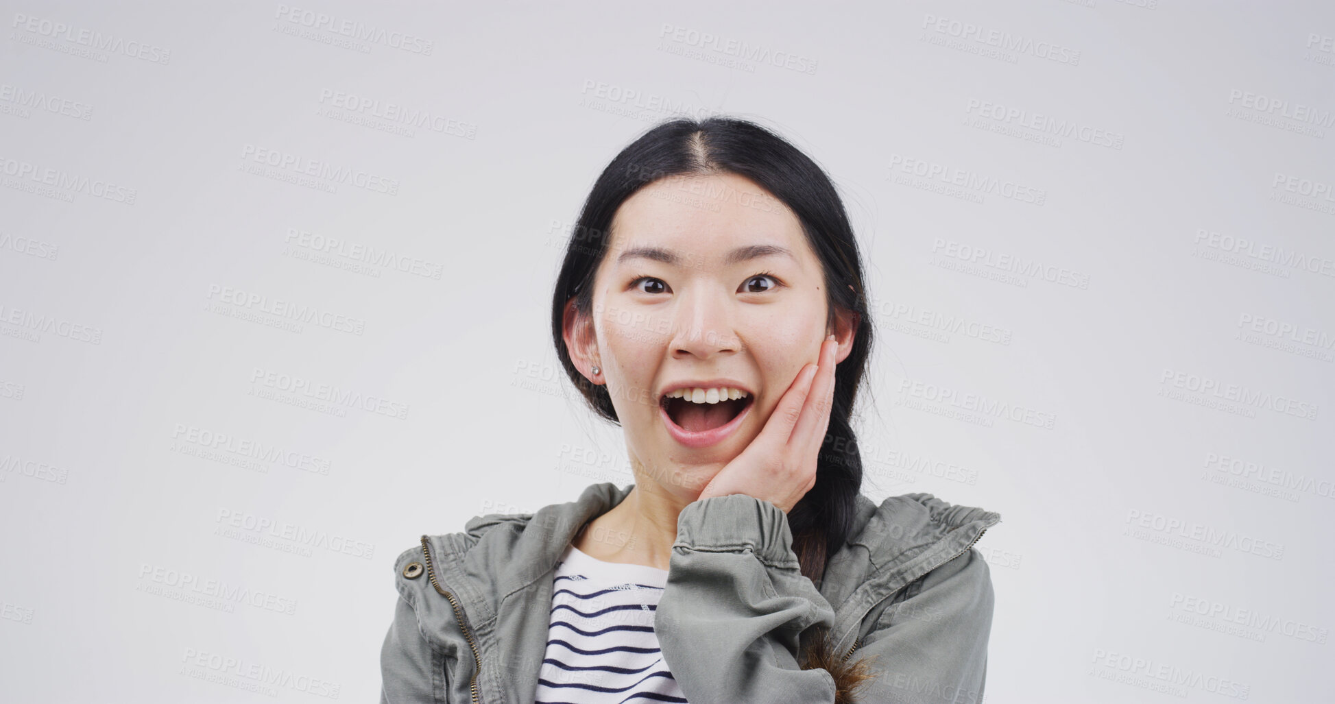 Buy stock photo Shock, excited and portrait with asian woman in studio for winner, scholarship or deans list announcement. Surprise, academic merit and student reward with person on white background space for news