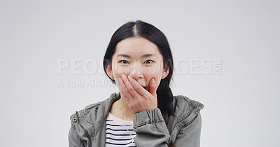 Buy stock photo Portrait, surprise and woman in studio, wow and announcement on white background. Asian person, face and shocked with good news, winner or giveaway with information, bonus or excited with opportunity