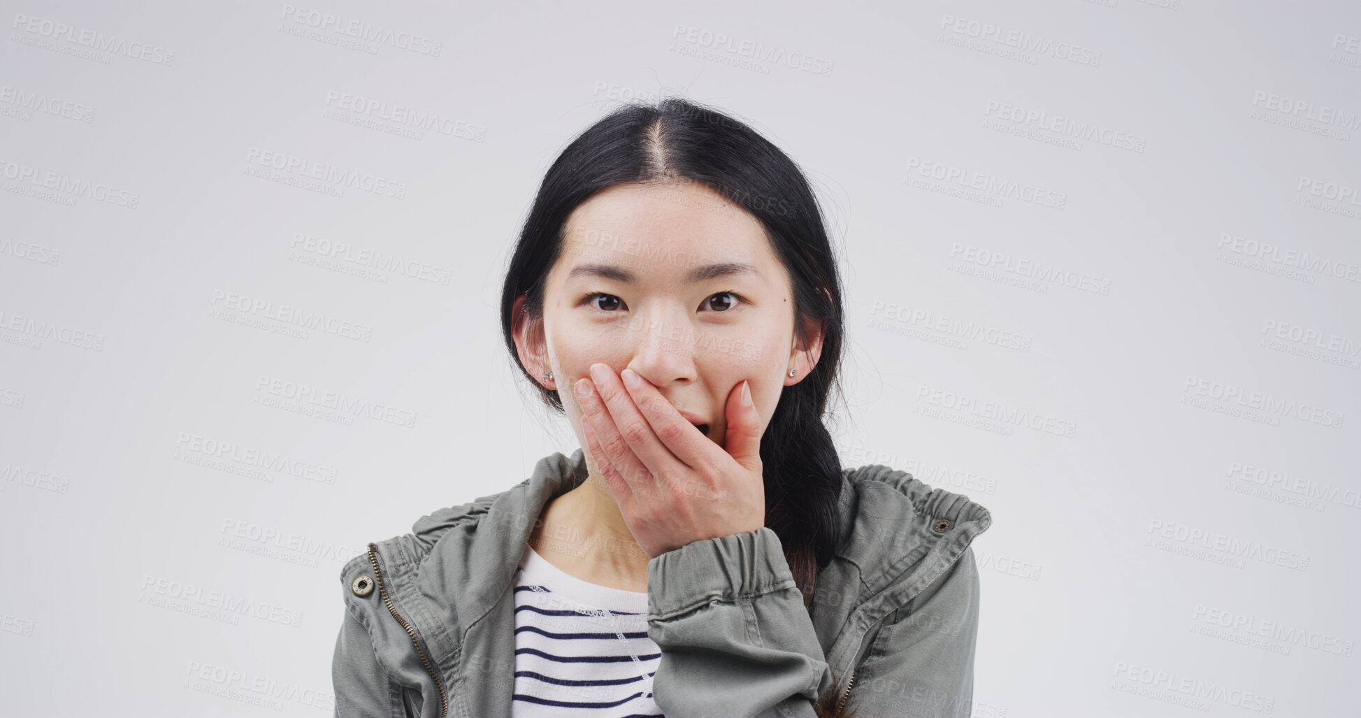 Buy stock photo Portrait, surprise and woman in studio, wow and announcement on white background. Asian person, face and shocked with good news, winner or giveaway with information, bonus or excited with opportunity