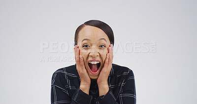 Buy stock photo Happy woman, portrait and surprise with emotion for winning in studio on a white background. Excited, female person or model with shock or joy for good news, promotion or lucky winner on mockup space