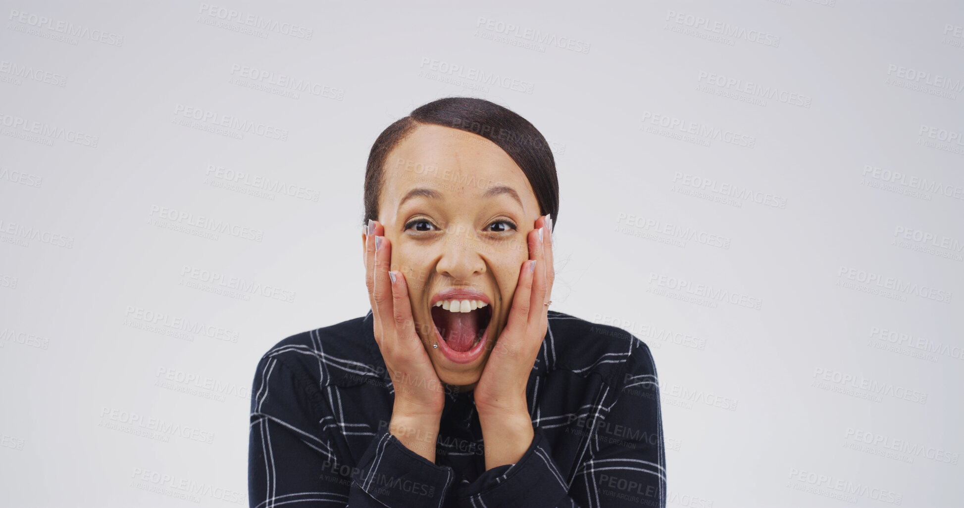 Buy stock photo Happy woman, portrait and surprise with emotion for winning in studio on a white background. Excited, female person or model with shock or joy for good news, promotion or lucky winner on mockup space