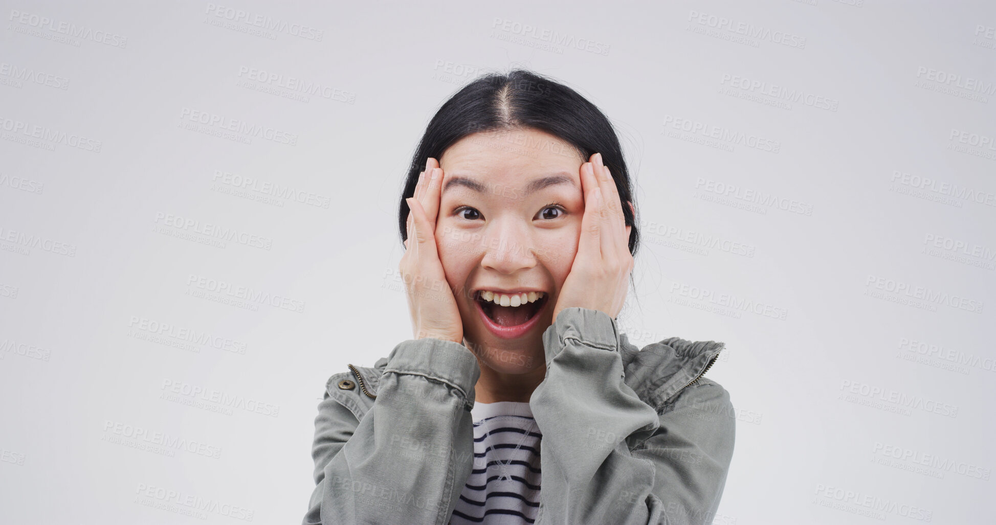 Buy stock photo Surprise, excited and portrait of woman in studio with winning, target or goal with good news. Happy, announcement and Asian female person with shocked, omg or wow face expression by white background