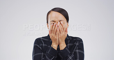 Buy stock photo Cover eyes, surprise and woman in studio, reaction and wow with secret on white background. Person, mockup and hand gesture with emoji, news and shocking information with reveal, omg and announcement