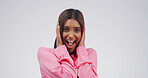 Surprise, portrait and woman with shock in studio for work promotion, good news and business deal. Mockup, indian person and happy for announcement, corporate bonus or opportunity on white background