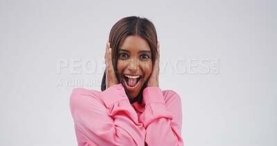 Buy stock photo Surprise, portrait and woman with shock in studio for work promotion, good news and business deal. Mockup, indian person and happy for announcement, corporate bonus or opportunity on white background