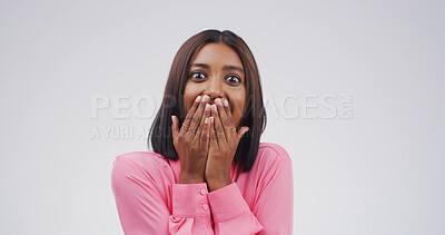 Buy stock photo Shocked, portrait and indian woman in studio with wow expression, announcement or good news. Surprise, gossip and happy female person on white background for giveaway, discount or emoji by space