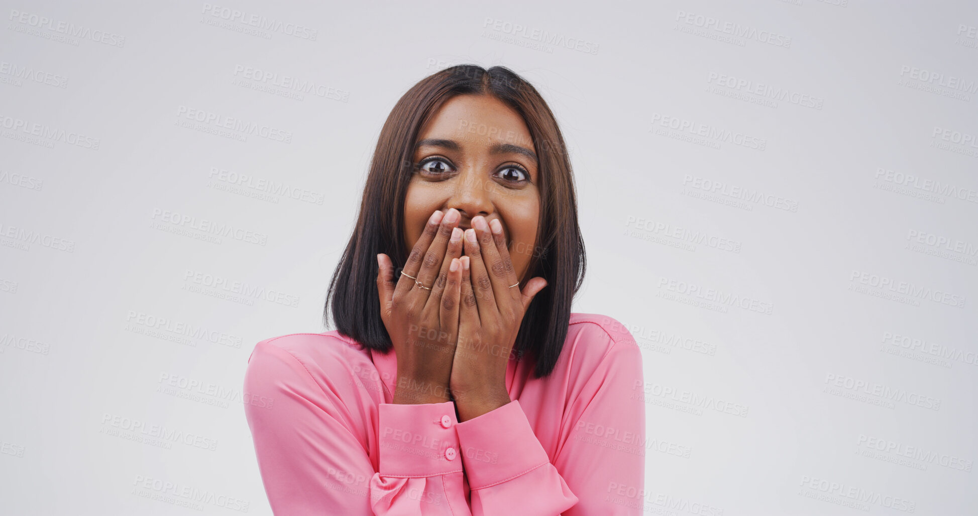 Buy stock photo Shocked, portrait and indian woman in studio with wow expression, announcement or good news. Surprise, gossip and happy female person on white background for giveaway, discount or emoji by space
