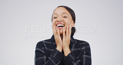 Buy stock photo Portrait, smile and woman laugh in studio for good news, excited and winning on white background. Face expression, funny person and LOL for success, achievement and goal with euphoria on space