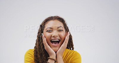 Buy stock photo Shock, portrait and scream with woman in studio for winner, scholarship or deans list announcement. Surprise, academic merit and student reward with person on white background for wow, space or bonus
