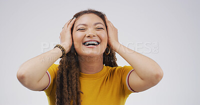 Buy stock photo Shock, excited and news with woman in studio for winner, scholarship or deans list announcement. Surprise, academic merit and student reward with person on white background for wow, space and bonus