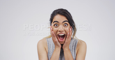 Buy stock photo Excited woman, portrait or shock with surprise for good news or alert on a white studio background. Happy, female person or model with gasp, wow or omg for winning, promotion or bonus on mockup space