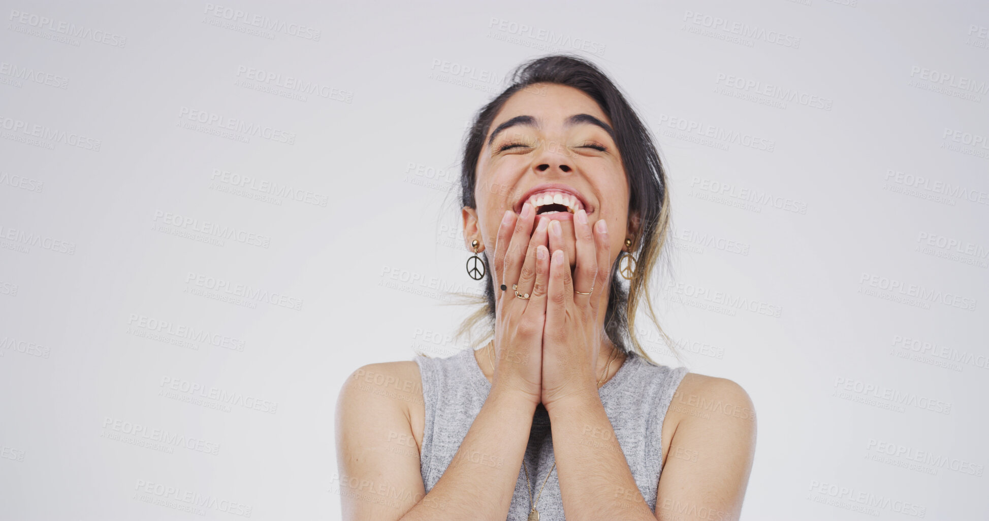 Buy stock photo Woman, surprised and happy in studio for announcement, good news and relief at space. Person, exhilarated and smile on white background for achievement, creative opportunity and yes for winning