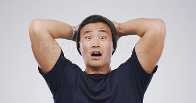 Buy stock photo Portrait, Asian man and mind blown in studio for fake news, bad rumor and gossip drama. Male person, space and shocked reaction for horror story, danger risk and revelation secret on white background
