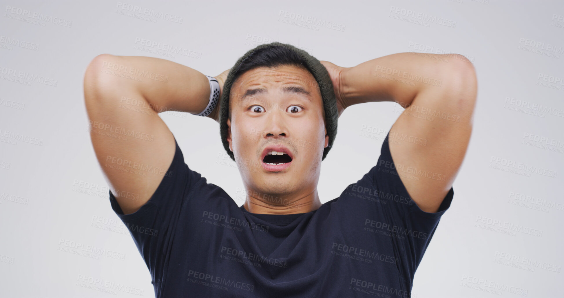 Buy stock photo Portrait, Asian man and mind blown in studio for fake news, bad rumor and gossip drama. Male person, space and shocked reaction for horror story, danger risk and revelation secret on white background