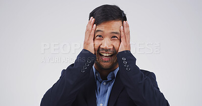 Buy stock photo Portrait, surprised and Asian man in studio of announcement, good news and hearing secret. Male person, space and mind blown for gossip drama, giveaway winner and unexpected offer on white background
