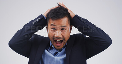 Buy stock photo Businessman, shout and surprise in studio portrait for good news, profit or bonus on white background. Person, wow and shock with scream for revenue increase, success and announcement in Cambodia