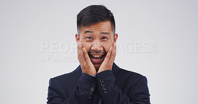 Buy stock photo Surprised, man and employee with reaction, studio and happiness for employment and white background. Shocked, accountant and person with positive mindset for opportunity, portrait and career growth
