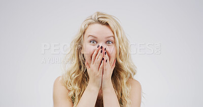 Buy stock photo Portrait, surprise and woman in studio, excited and announcement on white background. Person, face and shocked with good news, winner or giveaway with information, facial expression and opportunity