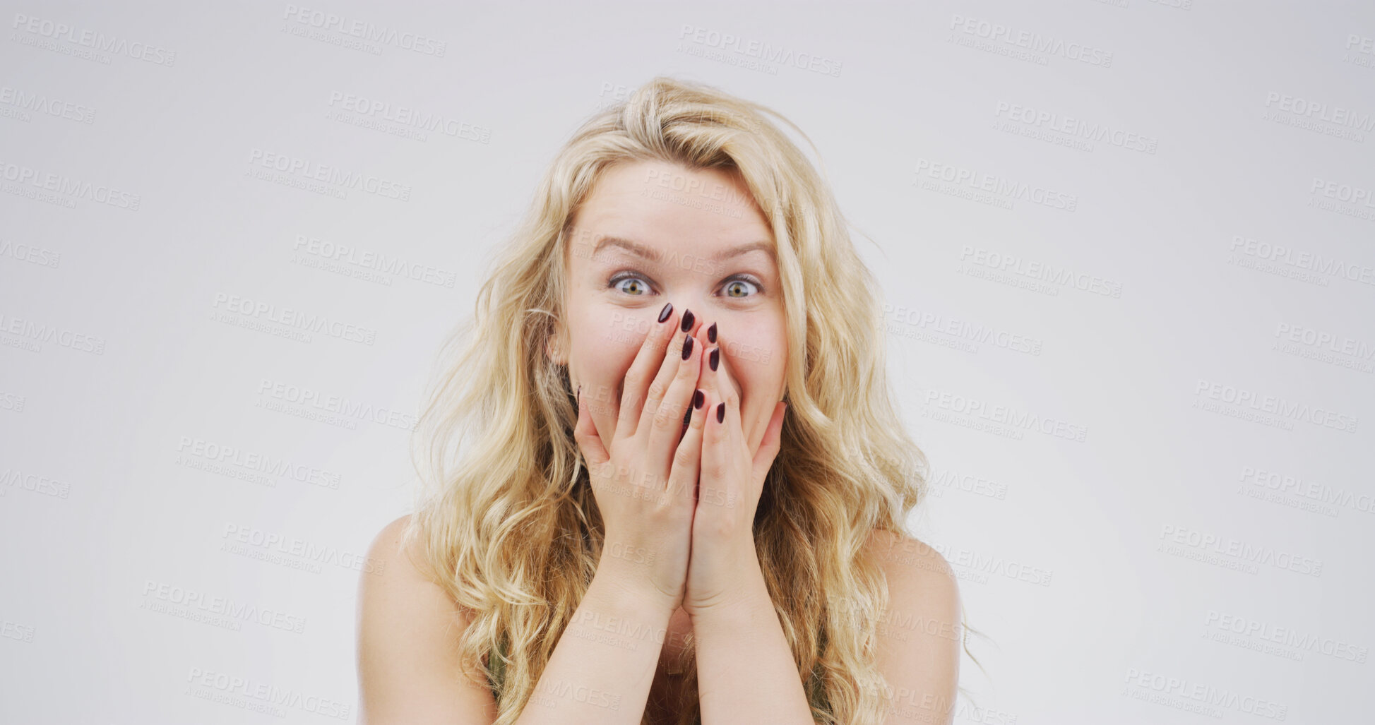 Buy stock photo Portrait, surprise and woman in studio, excited and announcement on white background. Person, face and shocked with good news, winner or giveaway with information, facial expression and opportunity