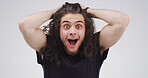 Shocked, man and mouth open for gossip, portrait or amazed by announcement, listening or revelation. White background, person and facial expression to unexpected news, reaction and wow for rumor