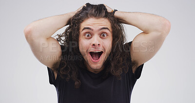 Buy stock photo Shocked, man and mouth open for gossip, portrait or amazed by announcement, listening or revelation. White background, person and facial expression to unexpected news, reaction and wow for rumor