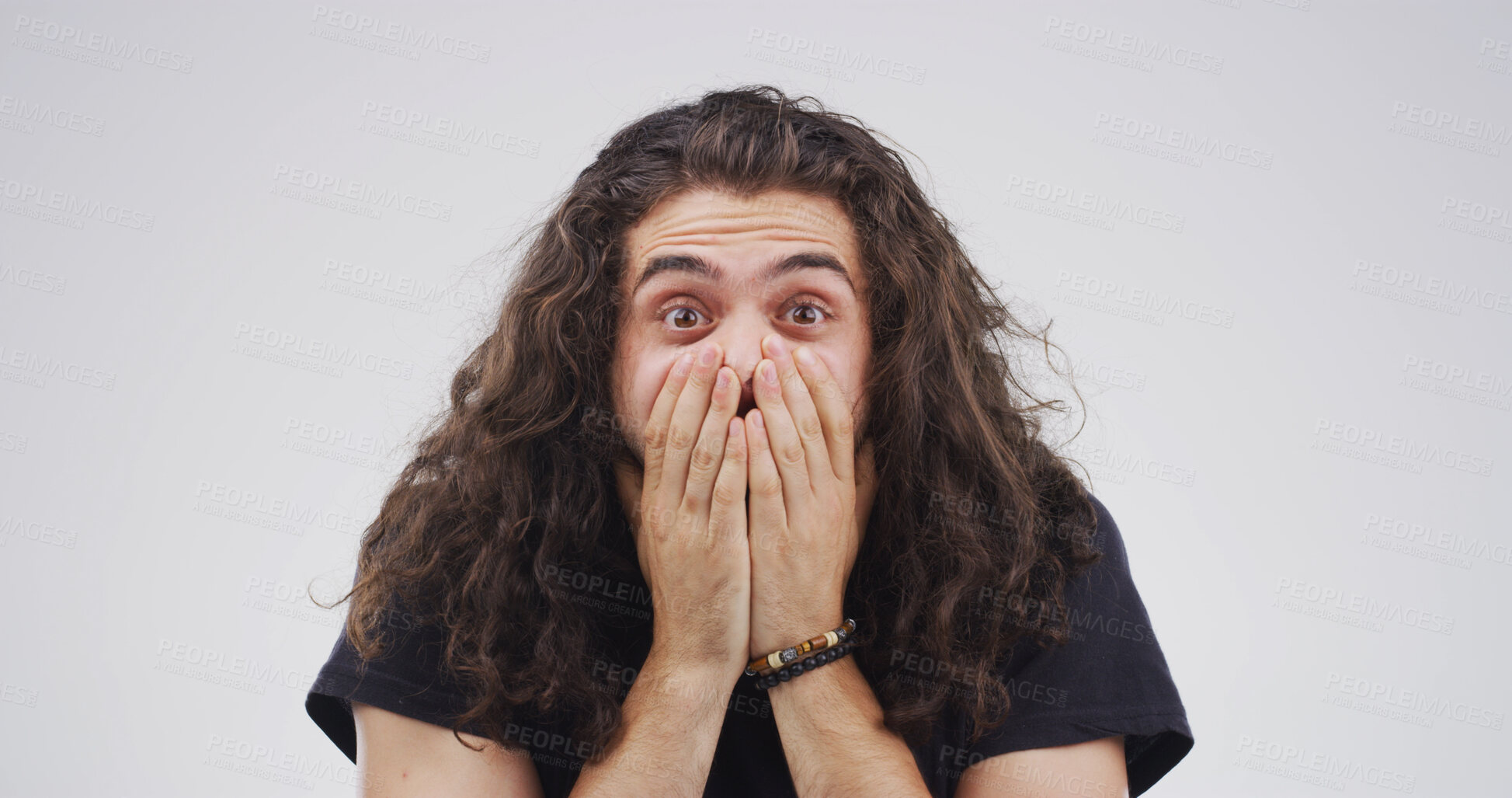 Buy stock photo Portrait, shocked and man with emotion, reaction or revelation of announcement for discount or sale. White background, facial expression and person with unexpected news, studio and surprised by info