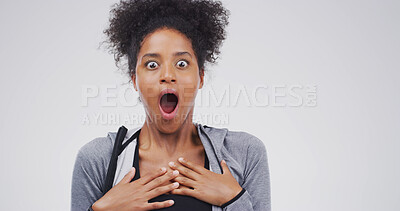 Buy stock photo Shock, woman and portrait with surprise for news, alert or expression on a white studio background. Face, female person or model with gasp, wow or omg for secret, rumor or gossip on mockup space