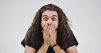 Portrait, shocked and man with emotion, studio or reaction to announcement of discount or revelation. White background, facial expression and person with unexpected news, listening and amazed by info