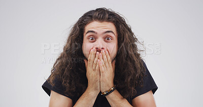 Buy stock photo Portrait, shocked and man with emotion, studio or reaction to announcement of discount or revelation. White background, facial expression and person with unexpected news, listening and amazed by info