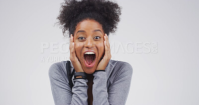 Buy stock photo Excited woman, portrait or surprise with emotion for winning in studio on a white background. Happy, female person or African model with shock for good news, promotion or lucky winner on mockup space