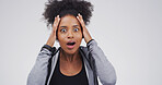 Shocked, portrait and african woman in studio with wow expression, announcement or good news. Surprise, gossip and happy female person on white background for giveaway, discount or emoji by space