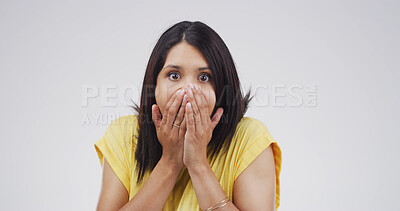 Buy stock photo Portrait, surprise and woman in studio, omg and announcement on white background. Person, excited and shocked with good news, winner and giveaway with information, bonus and facial expression