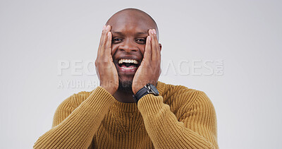 Buy stock photo Black man, portrait and surprise with good news in studio for winning on a white background. Happy, male person or model with smile or shock for lucky winner, promotion or bonus on mockup space