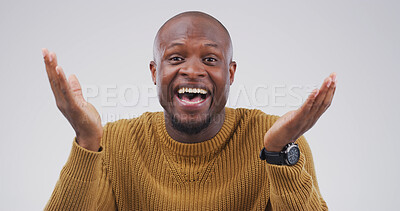Buy stock photo Surprise, happy and portrait of black man in studio for lottery winner, announcement and prize payout. Shock, competition bonus and achievement with person on white background for good news and smile