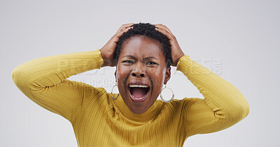Buy stock photo Black woman, surprise and scream with in studio portrait for deal, news or shock on white background. African person, wow and disbelief for information, sale and discount with shout in Nigeria