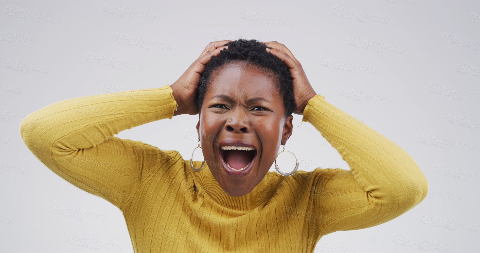 Buy stock photo Black woman, surprise and scream with in studio portrait for deal, news or shock on white background. African person, wow and disbelief for information, sale and discount with shout in Nigeria