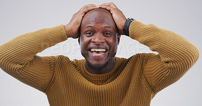 Buy stock photo Happy, black man and portrait with surprise for good news or winning on a white studio background. Excited, male person or model with smile, shock or expression for lucky winner, promotion or bonus