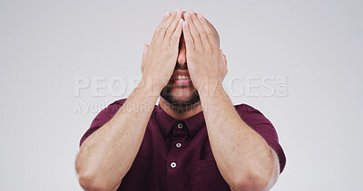 Buy stock photo Cover eyes, surprise and man in studio, announcement and secret on white background. Person, mockup and hand gesture with emoji, reaction and shocking information with reveal, omg and wow with news
