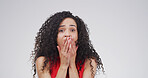 Portrait, surprise or woman in studio, announcement or opportunity on white background. Person, shock or reaction with good news, winner or giveaway with information, bonus or excited with expression